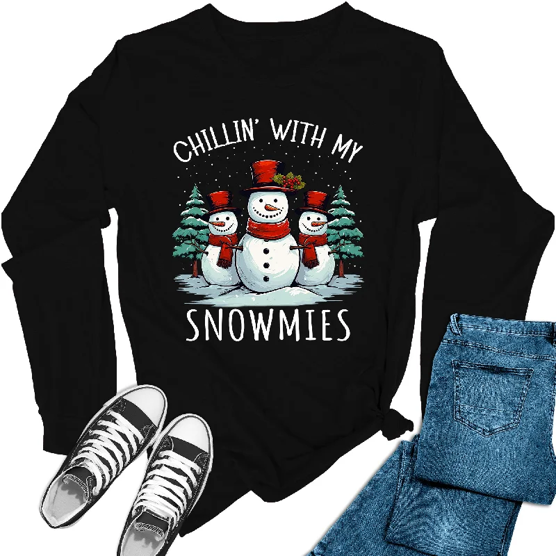 Women's Chillin With My Snowmies Christmas Holiday Long Sleeve Graphic Tees Wool Fabric Cashmere Fabric Tweed Fabric Wool Fabric Cashmere Fabric Tweed Fabric