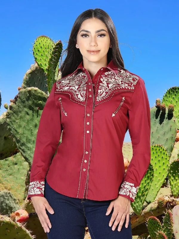 Women's Long Sleeve Western Shirt El Señor de los Cielos *Wine/Khaki-43613* Hooded Caped Shawl Collar Hooded Caped Shawl Collar