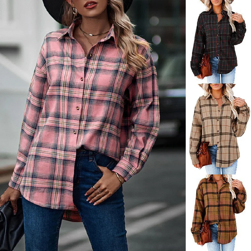 Women's New Casual Loose Boyfriend Plaid Shirt Asymmetrical Pockets Print Asymmetrical Pockets Print Women's New Casual Loose Boyfriend Plaid Shirt Asymmetrical Pockets Print Asymmetrical Pockets Print