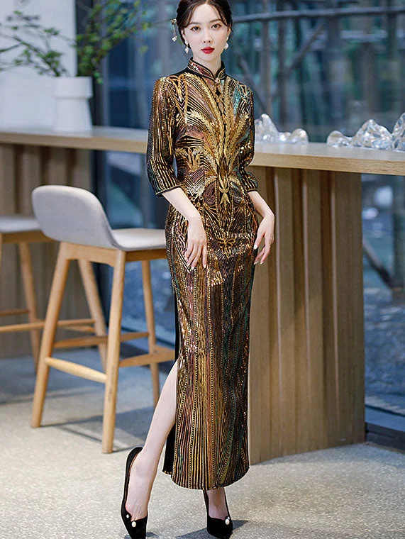 Gold Sequined Velvet Winter Qi Pao Cheongsam Dress