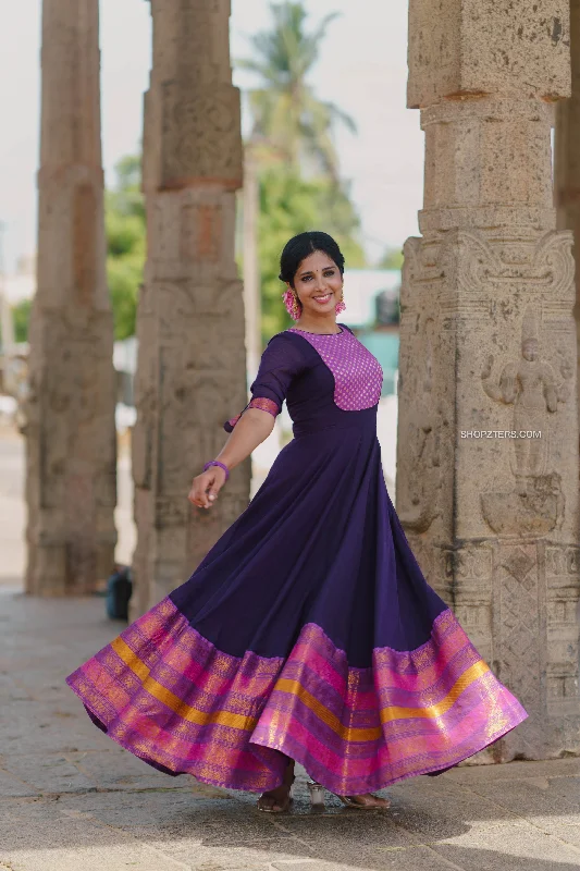 Navy Blue Silk Cotton Dress with Tricolour Zari Border