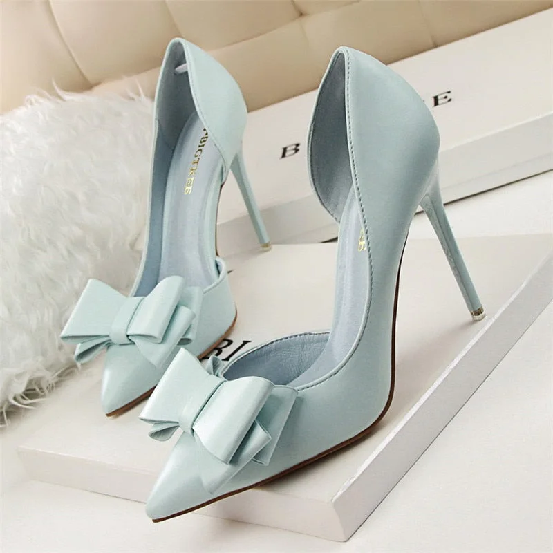 BIGTREE  Fashion Delicate Sweet Bowknot High Heel Shoes Side Hollow Pointed Women Pumps Pointed Toe 10.5CM thin Dress Shoes Tunics Sale discount Tunics Sale discount