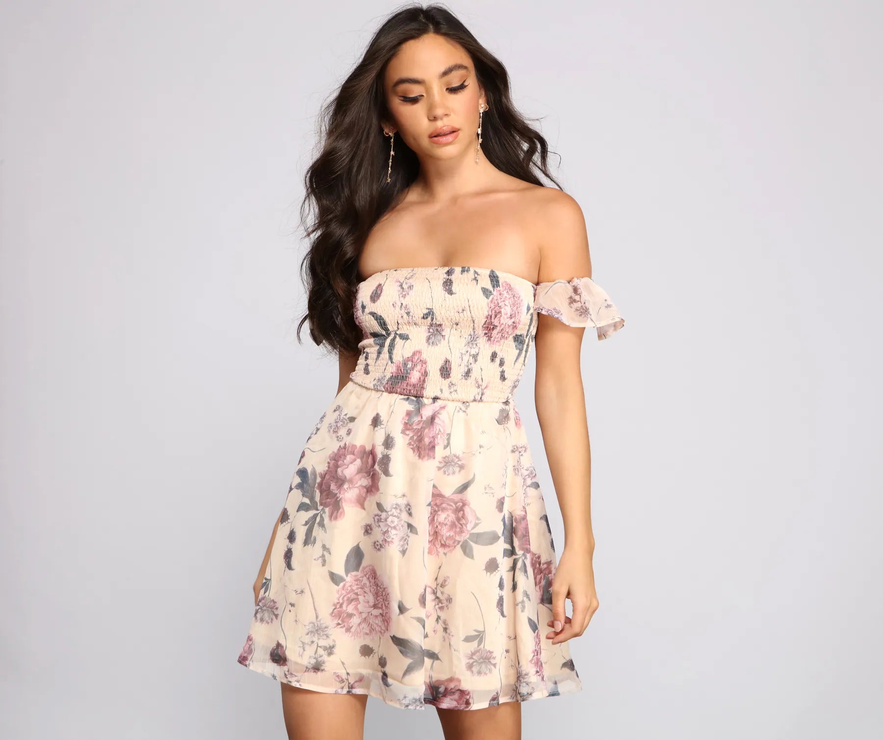 Chic Floral Chiffon Off The Shoulder Mini Dress Tunics Brand named Tunics Brand named